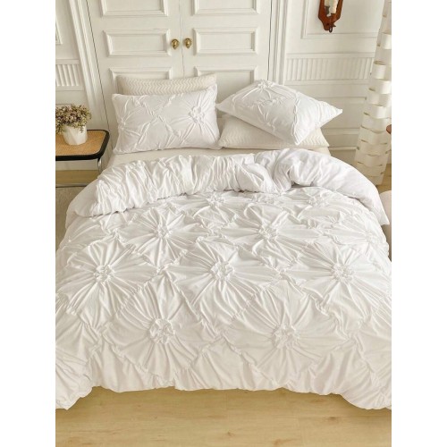 Khaki Chiffon Pinched Flower Duvet Cover Set - 3pc Polyester Bedding