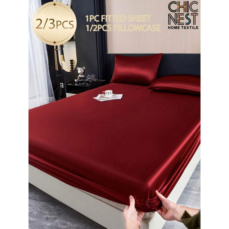 Burgundy Satin Fitted Sheet Set - Silk-Like Bedding with Pillowcases