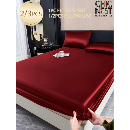 Burgundy Satin Fitted Sheet Set - Silk-Like Bedding with Pillowcases