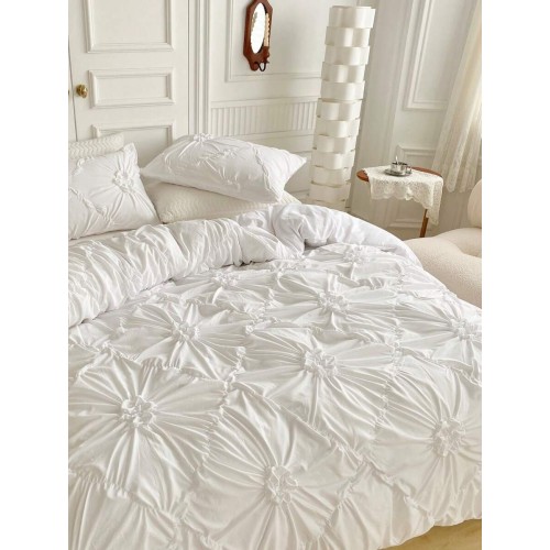 Khaki Chiffon Pinched Flower Duvet Cover Set - 3pc Polyester Bedding