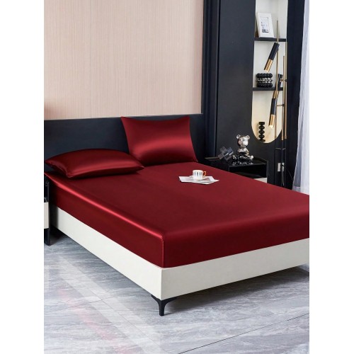 Burgundy Satin Fitted Sheet Set - Silk-Like Bedding with Pillowcases
