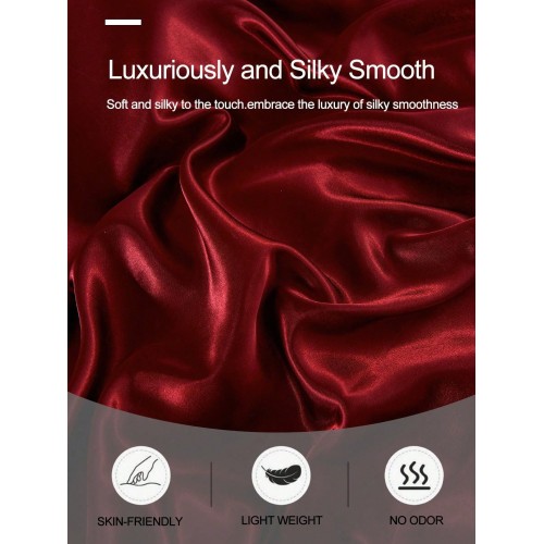 Burgundy Satin Fitted Sheet Set - Silk-Like Bedding with Pillowcases