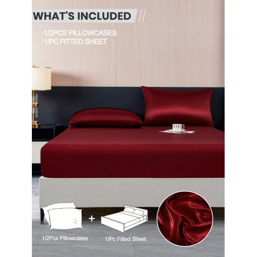 Burgundy Satin Fitted Sheet Set - Silk-Like Bedding with Pillowcases
