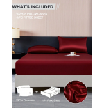 Burgundy Satin Fitted Sheet Set - Silk-Like Bedding with Pillowcases