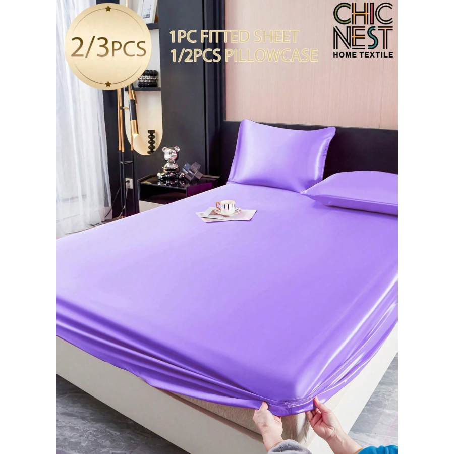 Purple Satin Fitted Sheet Set - 2/3pc Silk-Like Bedding with Pillowcases, King Queen Full Twin, Deep Pocket 11.8", Wrinkle-Free