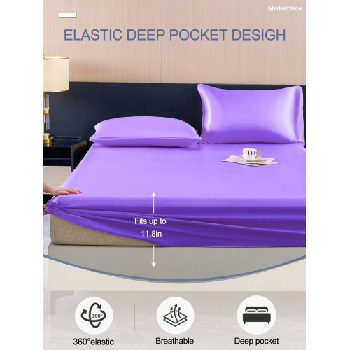 Purple Satin Fitted Sheet Set - 2/3pc Silk-Like Bedding with Pillowcases, King Queen Full Twin, Deep Pocket 11.8", Wrinkle-Free