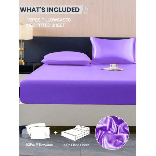 Purple Satin Fitted Sheet Set - 2/3pc Silk-Like Bedding with Pillowcases, King Queen Full Twin, Deep Pocket 11.8", Wrinkle-Free