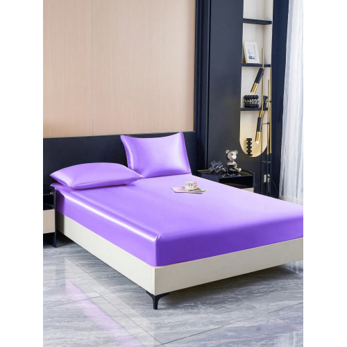 Purple Satin Fitted Sheet Set - 2/3pc Silk-Like Bedding