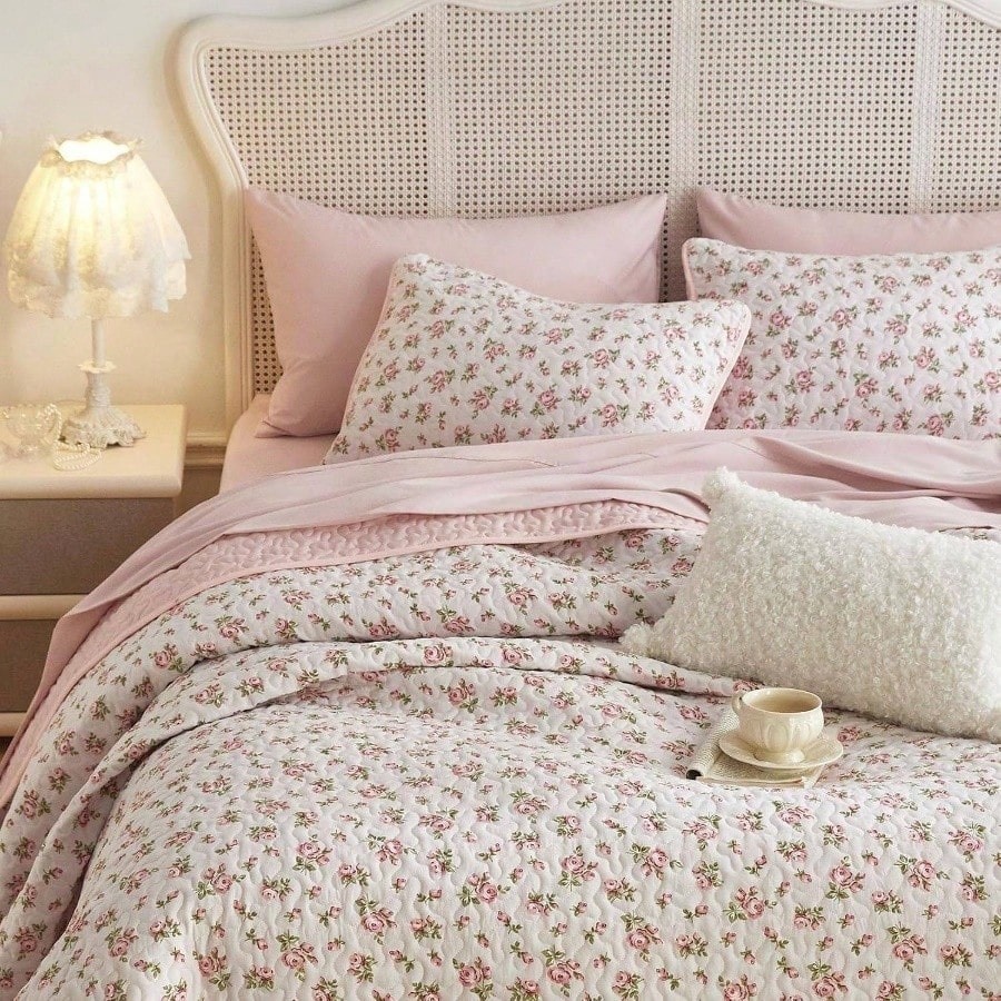 Coquette Cottagecore Floral Quilt Set - Reversible Pink Bedspread