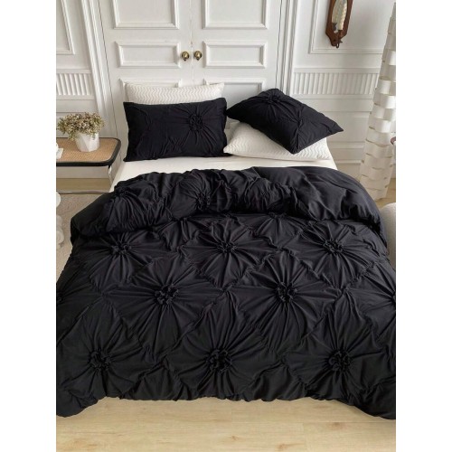 Khaki Chiffon Pinched Flower Duvet Cover Set - 3pc Polyester Bedding