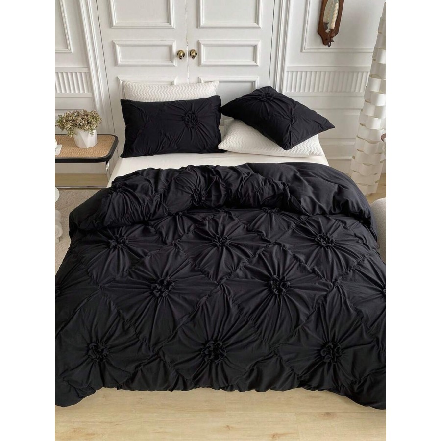 Khaki Chiffon Pinched Flower Duvet Cover Set - 3pc Polyester Bedding