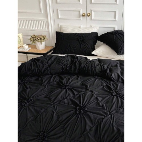 Khaki Chiffon Pinched Flower Duvet Cover Set - 3pc Polyester Bedding