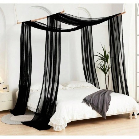 White Sheer Canopy Bed Curtains with Wood Frame - Bedroom Decor