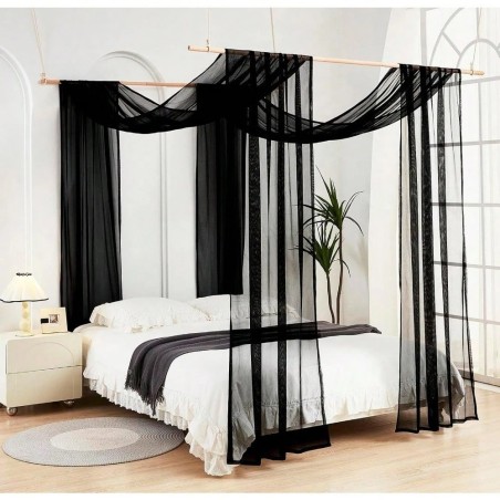 White Sheer Canopy Bed Curtains with Wood Frame - Bedroom Decor
