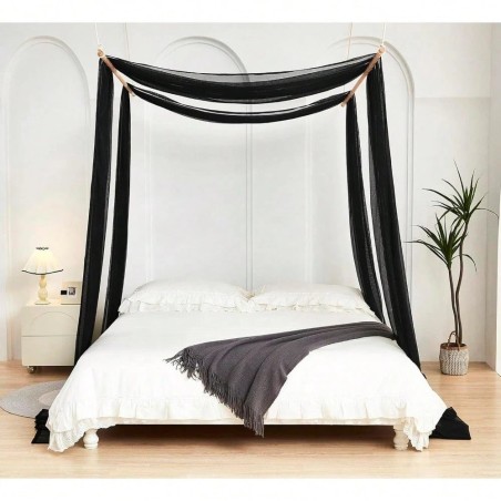 White Sheer Canopy Bed Curtains with Wood Frame - Bedroom Decor