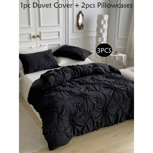 Khaki Chiffon Pinched Flower Duvet Cover Set - 3pc Polyester Bedding