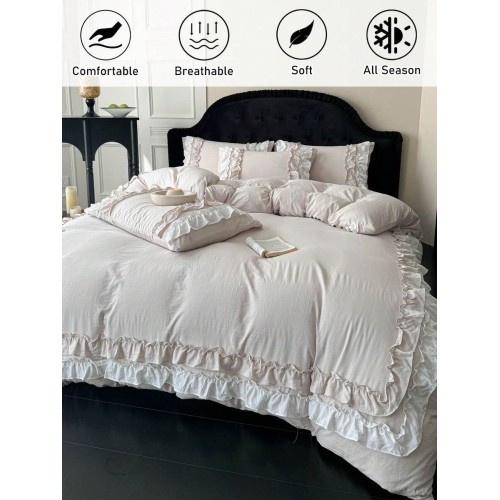 Beige Ruffled Lace Duvet Cover Set - Queen Size All Seasons Bedding