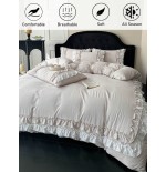 Beige Ruffled Lace Duvet Cover Set - Queen Size All Seasons Bedding