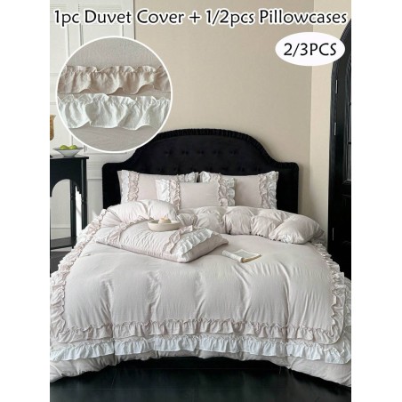 Beige Ruffled Lace Duvet Cover Set - Queen Size All Seasons Bedding