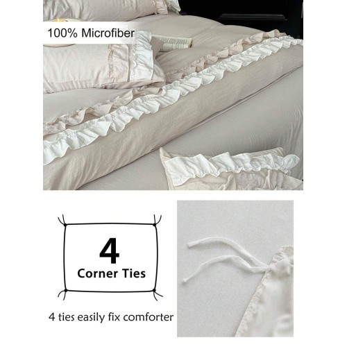 Beige Ruffled Lace Duvet Cover Set - Queen Size All Seasons Bedding