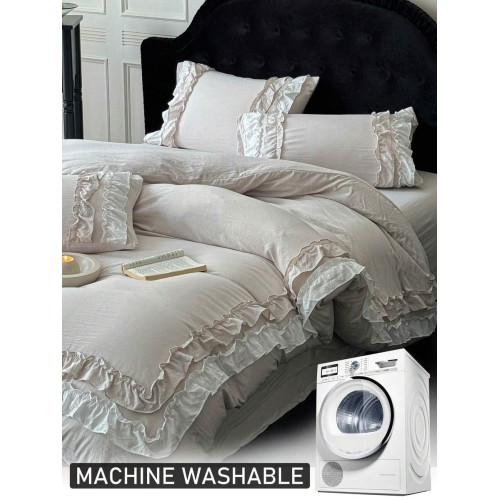 Beige Ruffled Lace Duvet Cover Set - Queen Size All Seasons Bedding