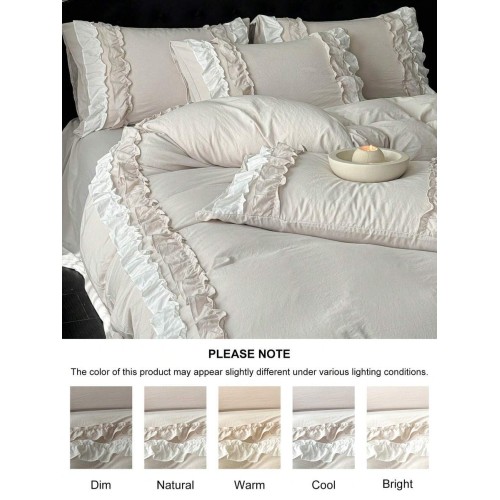 Beige Ruffled Lace Duvet Cover Set - Queen Size All Seasons Bedding