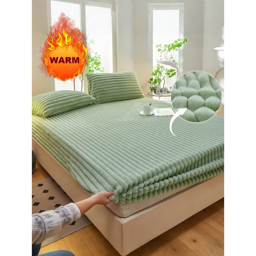 Striped Fleece Fitted Sheet Set - Soft Thickened Bedding for All Beds
