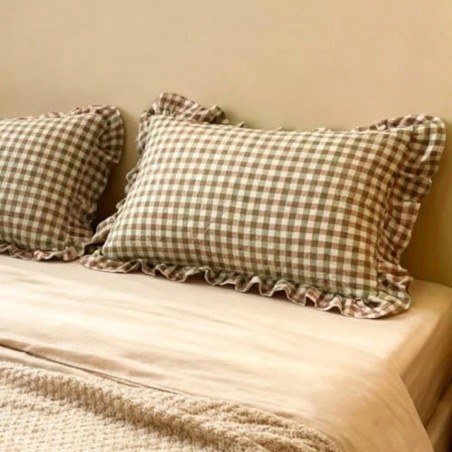 Farmhouse Plaid Pillowcase Set of 2 - Green & Taupe Ruffle Shams