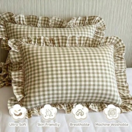 Farmhouse Plaid Pillowcase Set of 2 - Green & Taupe Ruffle Shams
