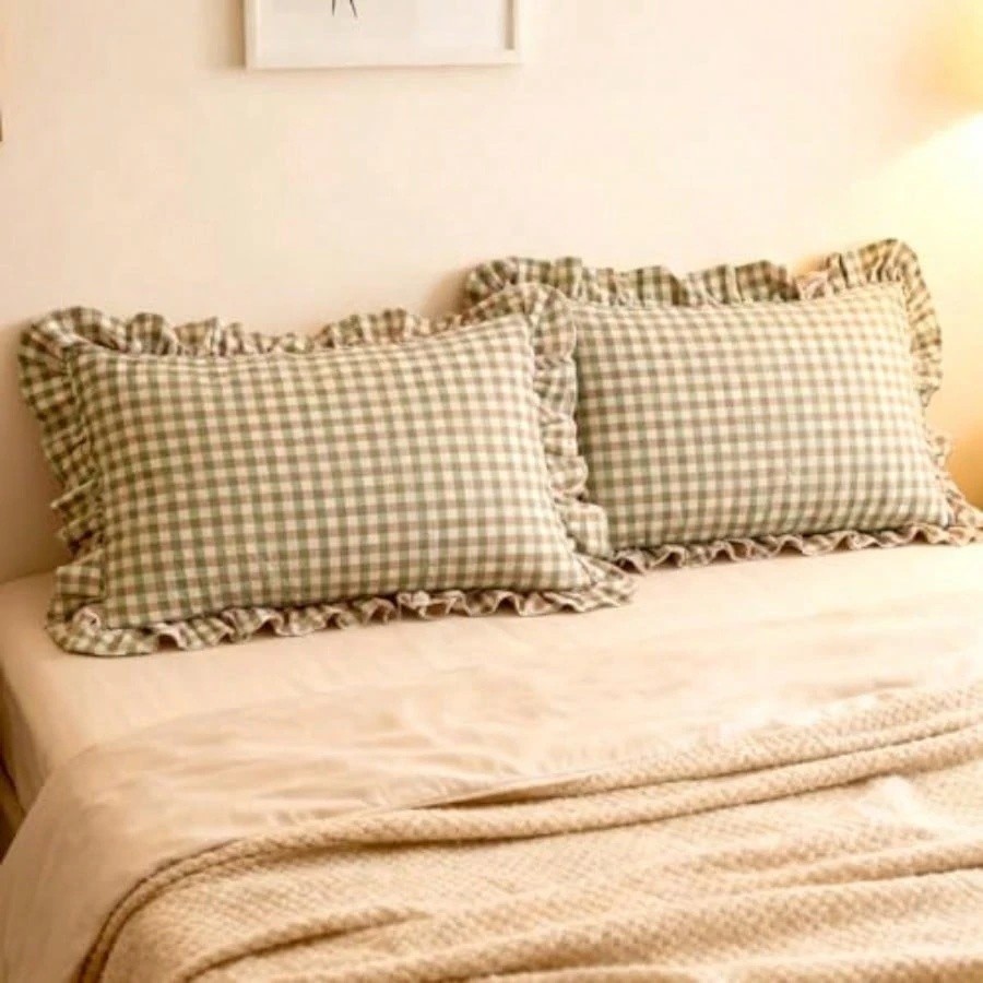 Farmhouse Plaid Pillowcase Set of 2 - Green & Taupe Ruffle Shams