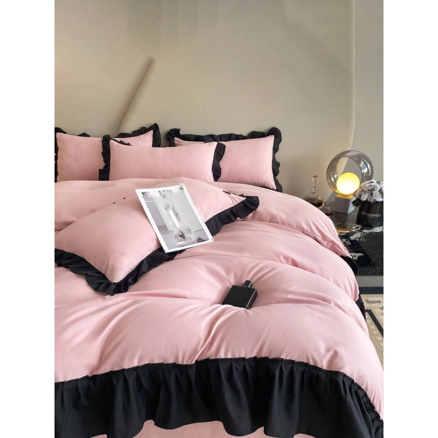 Pink & Black Ruffled Bedding Set - 3-Piece Duvet Cover & Pillowcases