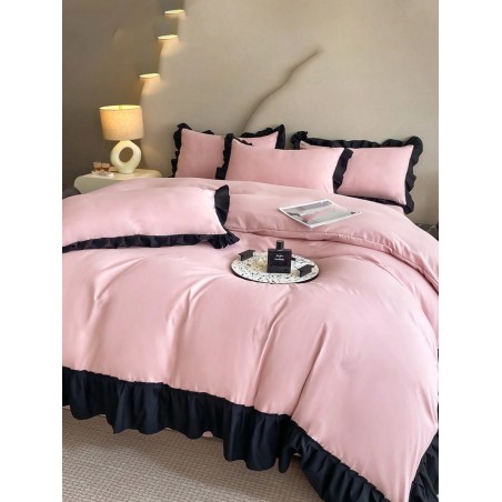 Pink & Black Ruffled Bedding Set - 3-Piece Duvet Cover & Pillowcases