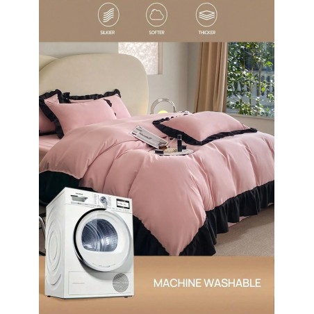 Pink & Black Ruffled Bedding Set - 3-Piece Duvet Cover & Pillowcases