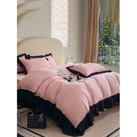 Pink & Black Ruffled Bedding Set - 3-Piece Duvet Cover & Pillowcases