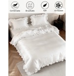 White Satin Duvet Cover Set with Ruffle Lace - Queen Size Luxury