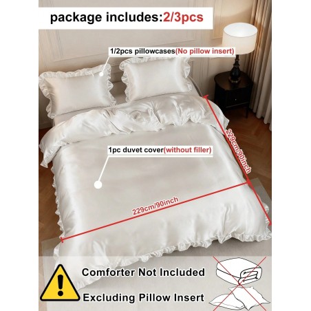 White Satin Duvet Cover Set with Ruffle Lace - Queen Size Luxury