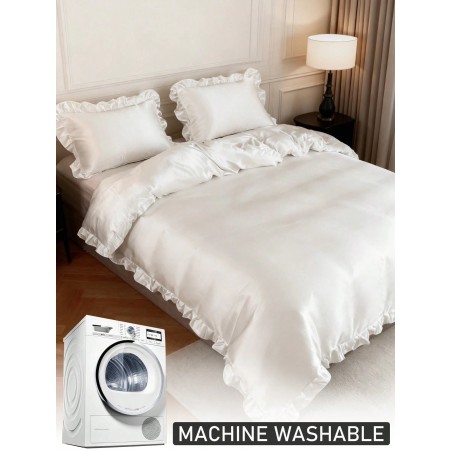 White Satin Duvet Cover Set with Ruffle Lace - Queen Size Luxury