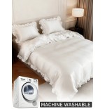 White Satin Duvet Cover Set with Ruffle Lace - Queen Size Luxury