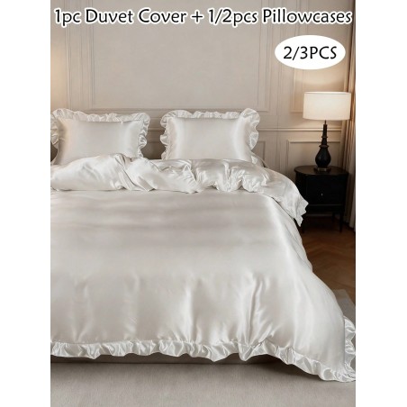 White Satin Duvet Cover Set with Ruffle Lace - Queen Size Luxury