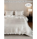 White Satin Duvet Cover Set with Ruffle Lace - Queen Size Luxury