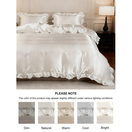 White Satin Duvet Cover Set with Ruffle Lace - Queen Size Luxury