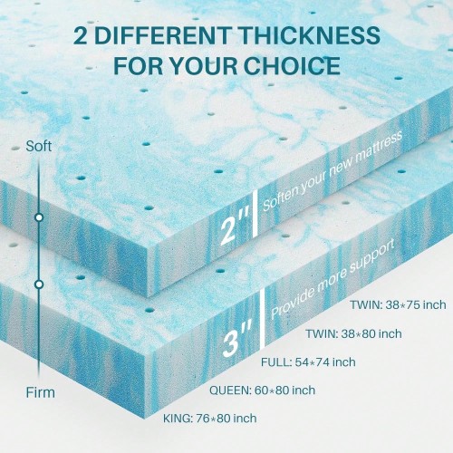 Cooling Gel Memory Foam Mattress Topper - Twin to King Sizes