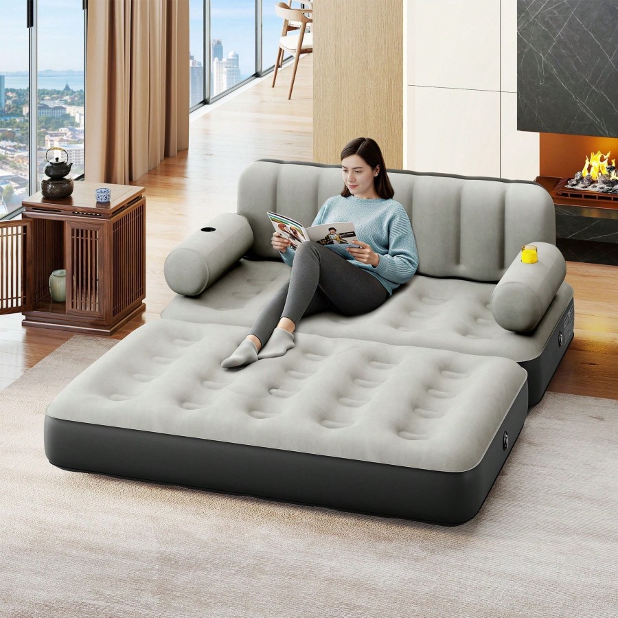 Inflatable Mattress with Built-In Pump & Bed Skirt - Gray Top