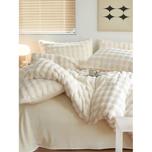 Cream White Bubble Plush Sherpa Fleece Duvet Cover Set - 3 Piece