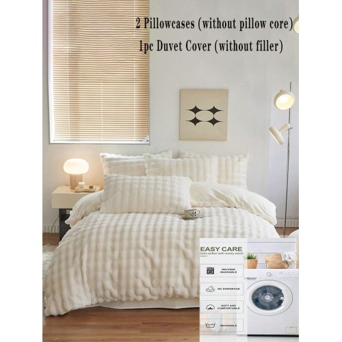 Cream White Bubble Plush Sherpa Fleece Duvet Cover Set - 3 Piece