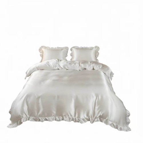 White Satin Duvet Cover Set with Ruffle Lace - Queen Size Luxury