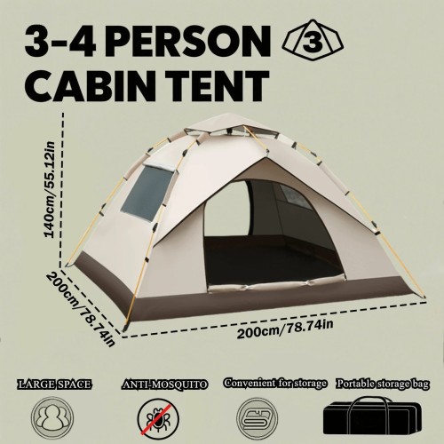 3-4 Person Automatic Pop-Up Tent - 3-Second Setup, Waterproof