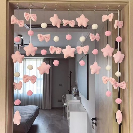 Pink Star & Bow Plush Door Curtain, Hole-Free Cute Girly Room Decoration Hanging Curtain