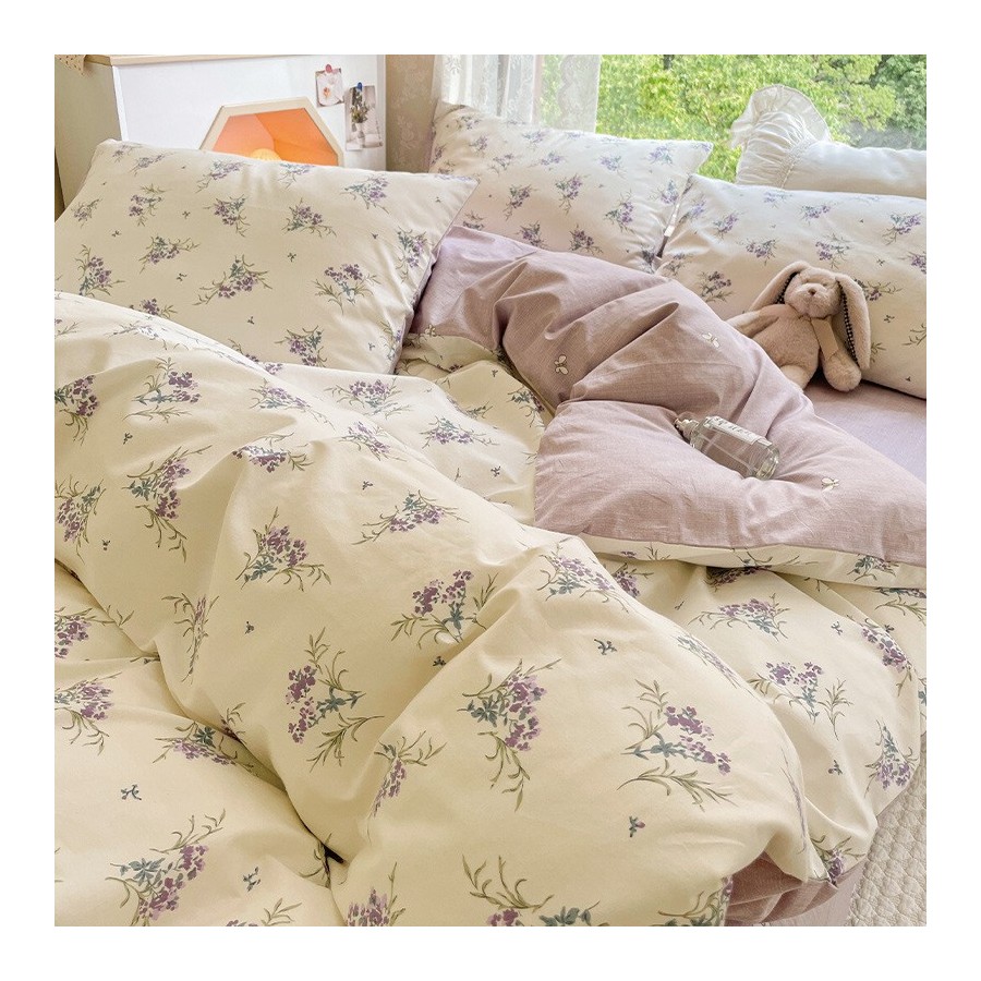 Purple Rustic Floral 100% Cotton 4-Piece Bedding Set, Ins Style Long-Staple Cotton Duvet Cover 3-Piece Set Purple Rustic Floral 100% Cotton 4-Piece Bedding Set, Ins Style Long-Staple Cotton Duvet Cover 3-Piece Set