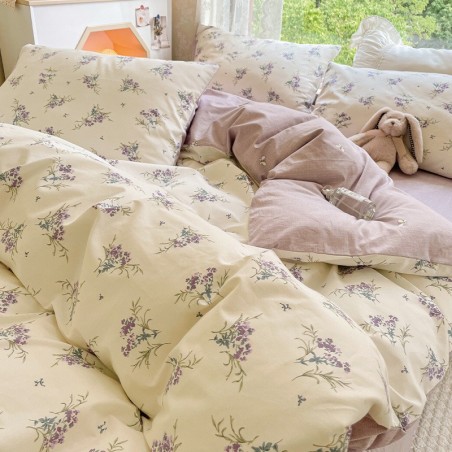 Purple Rustic Floral 100% Cotton 4-Piece Bedding Set, Ins Style Long-Staple Cotton Duvet Cover 3-Piece Set
